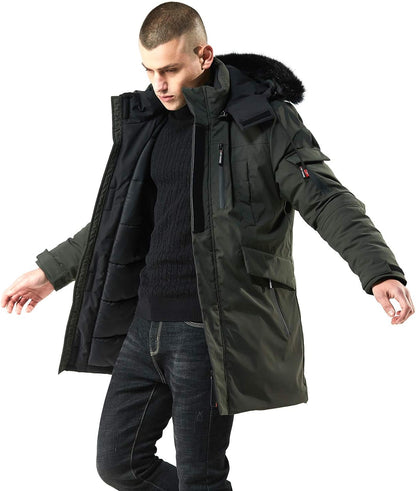 Warm Waterproof Men's Winter Coat with Faux Fur Hood