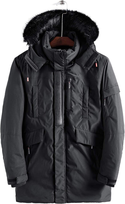 Warm Waterproof Men's Winter Coat with Faux Fur Hood