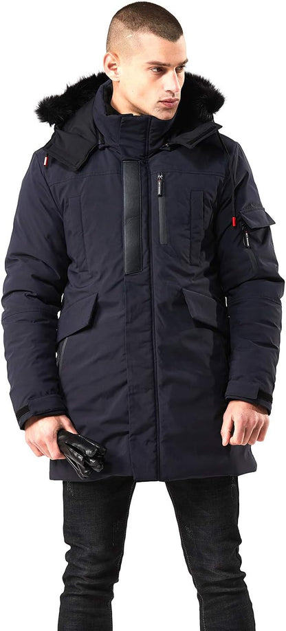 Warm Waterproof Men's Winter Coat with Faux Fur Hood