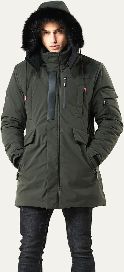 Warm Waterproof Men's Winter Coat with Faux Fur Hood
