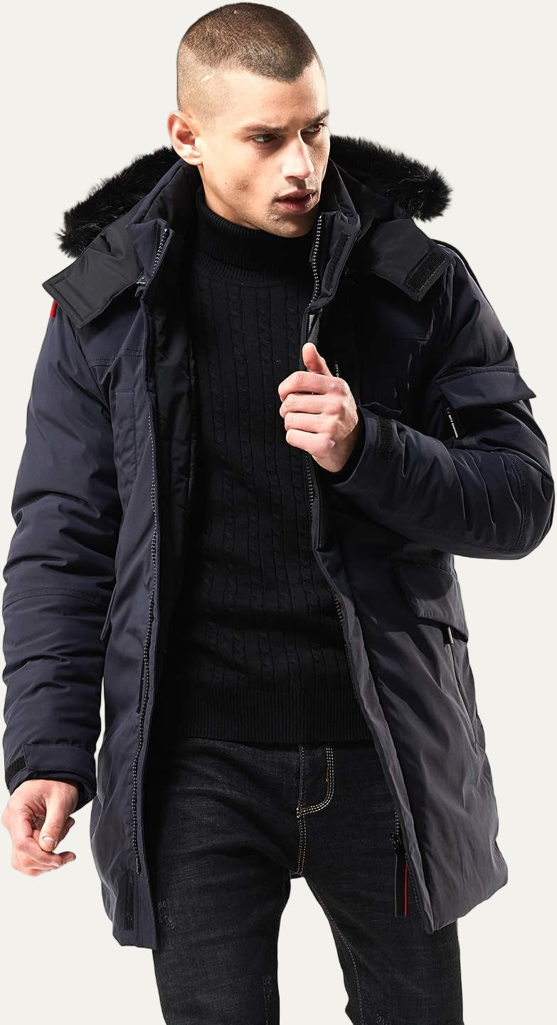 Warm Waterproof Men's Winter Coat with Faux Fur Hood