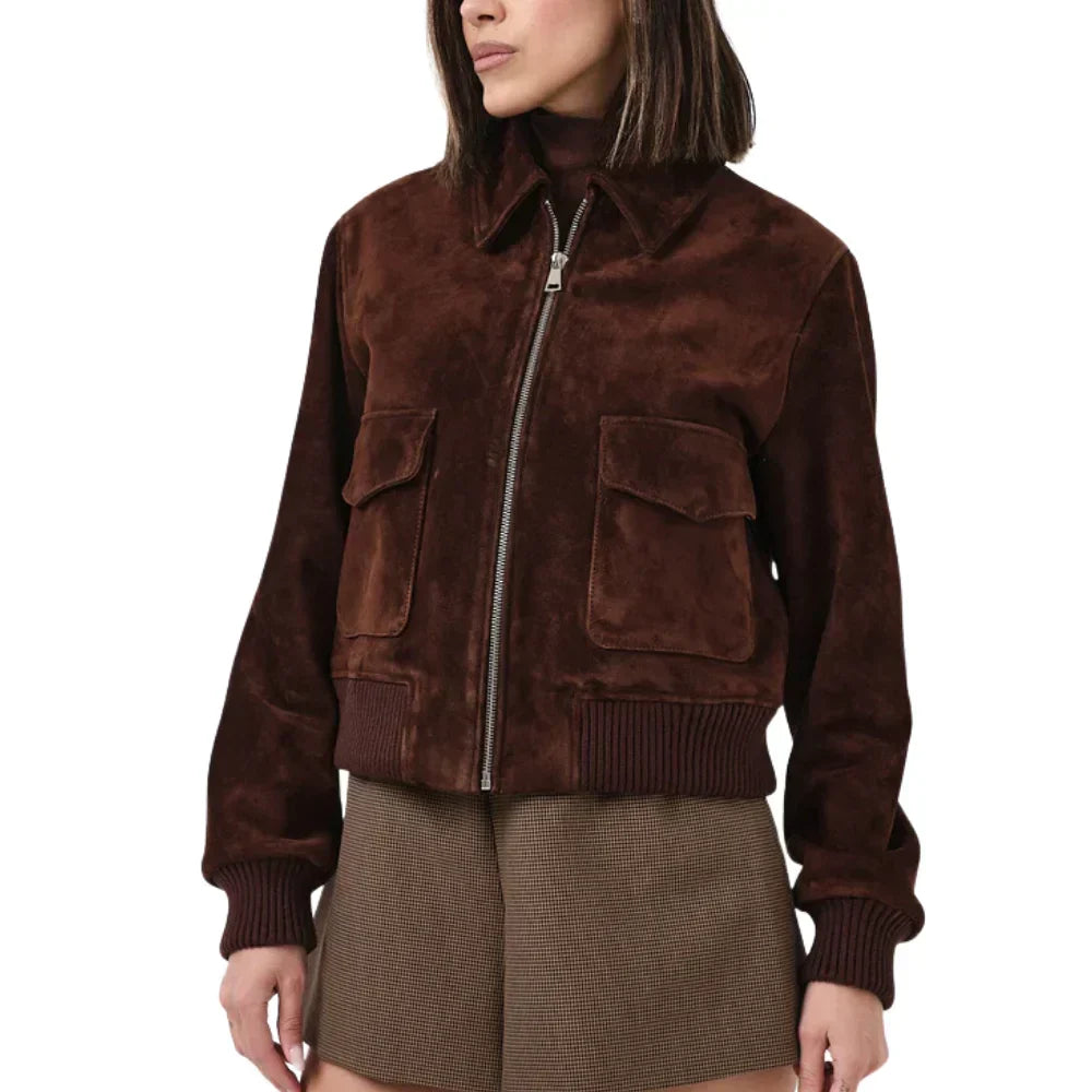 Women's Brown Suede Bomber Jacket