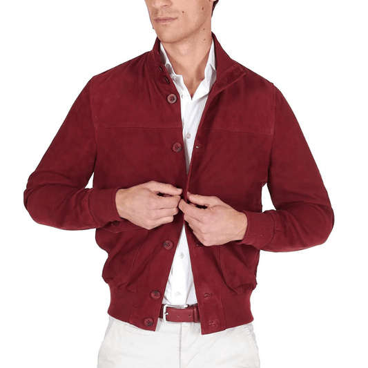 Men's Red Suede Leather Bomber Jacket High Neck Collar - OutfitLondon
