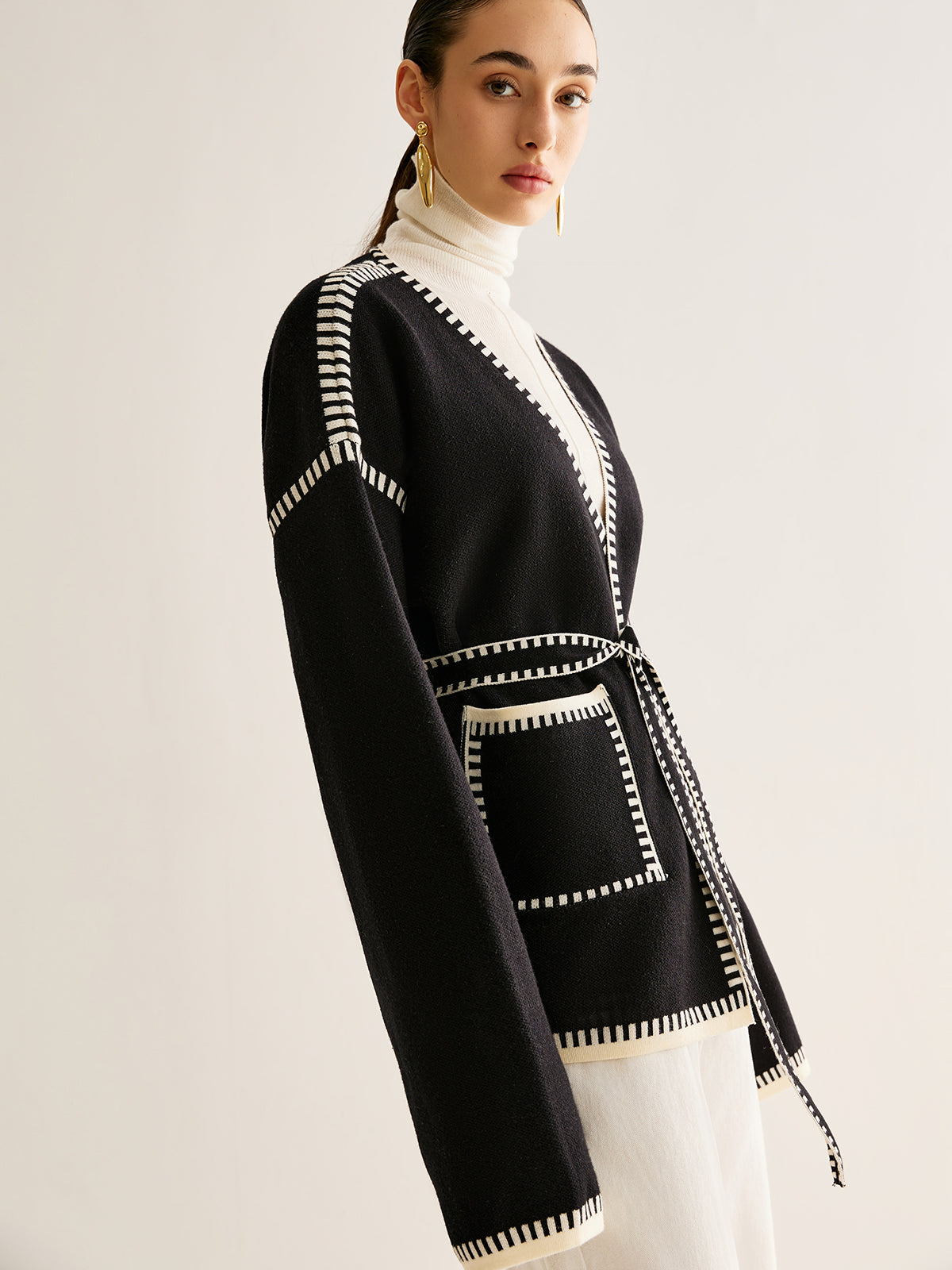 Womens Belted Open Front Cardigan Sweater
