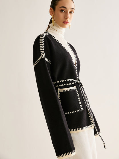 Womens Belted Open Front Cardigan Sweater