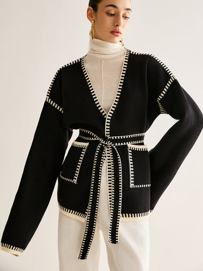 Womens Belted Open Front Cardigan Sweater - OutfitLondon