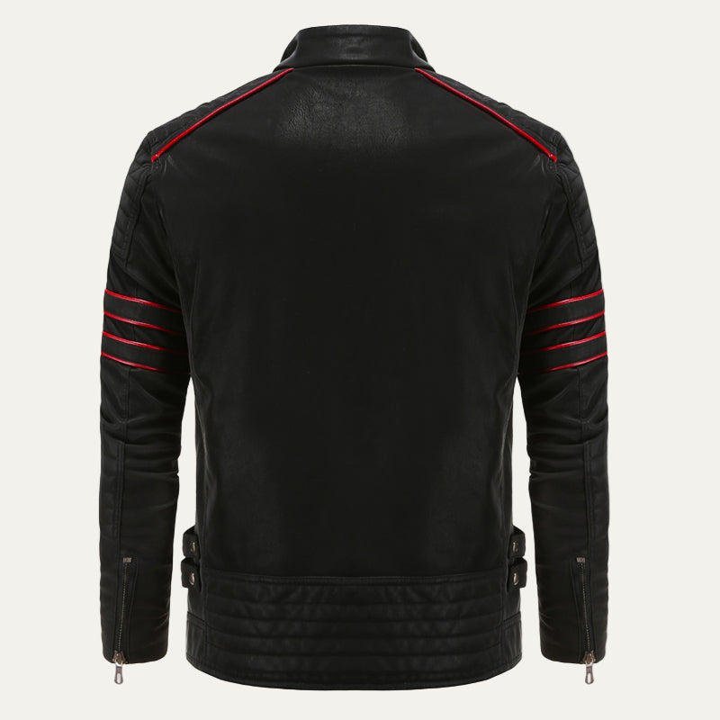 Biker Style Leather Jacket with Striped Details