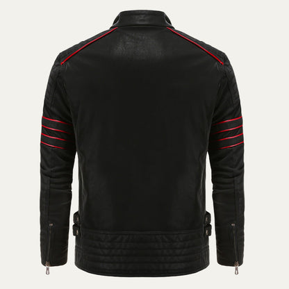 Biker Style Leather Jacket with Striped Details