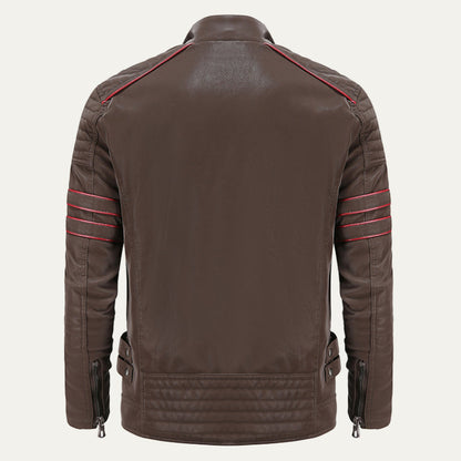 Biker Style Leather Jacket with Striped Details
