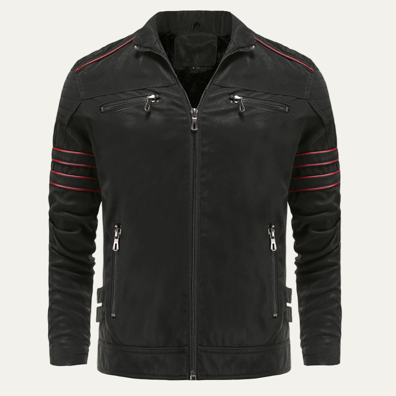 Biker Style Leather Jacket with Striped Details