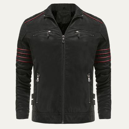 Biker Style Leather Jacket with Striped Details