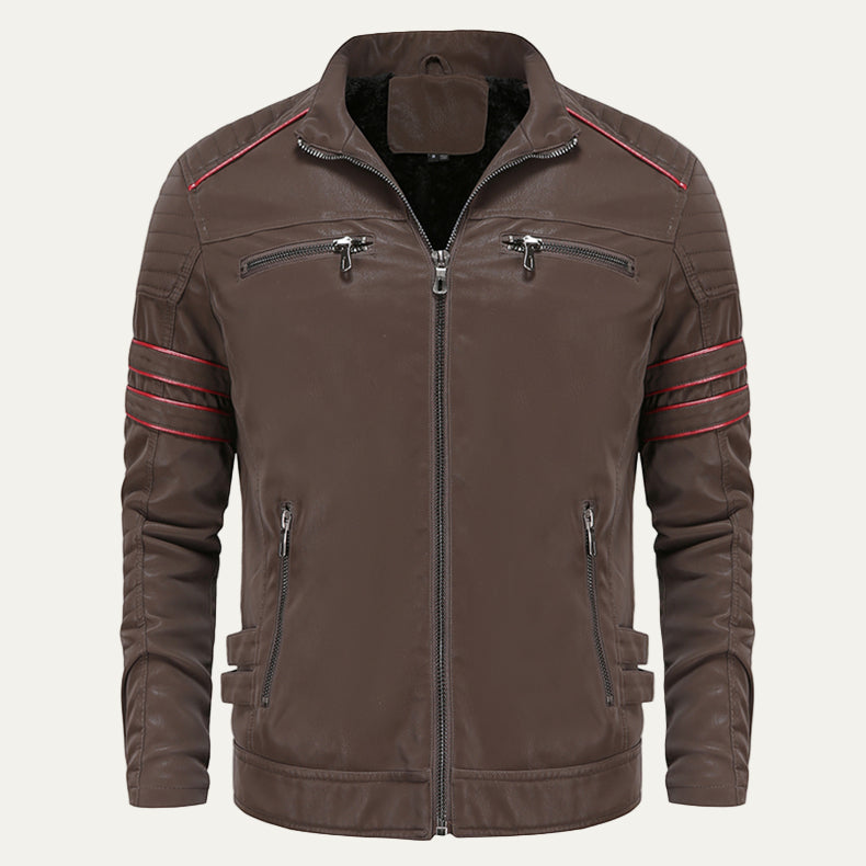 Biker Style Leather Jacket with Striped Details