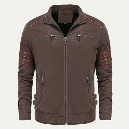 Biker Style Leather Jacket with Striped Details