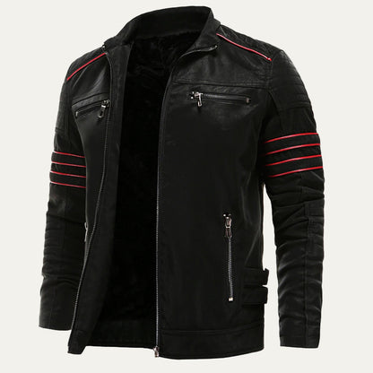 Biker Style Leather Jacket with Striped Details - OutfitLondon