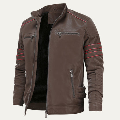 Biker Style Leather Jacket with Striped Details