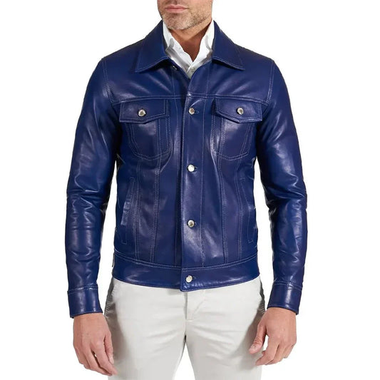 Men's Lambskin Leather Jacket Blue Shirt Collar - OutfitLondon