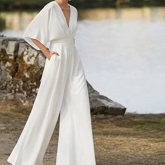 Women's V-Neck Jumpsuit Elegant Design - OutfitLondon