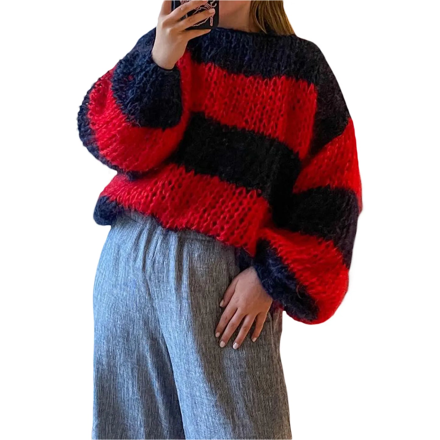 Women's Large Cable Knit Sweater with Stripes