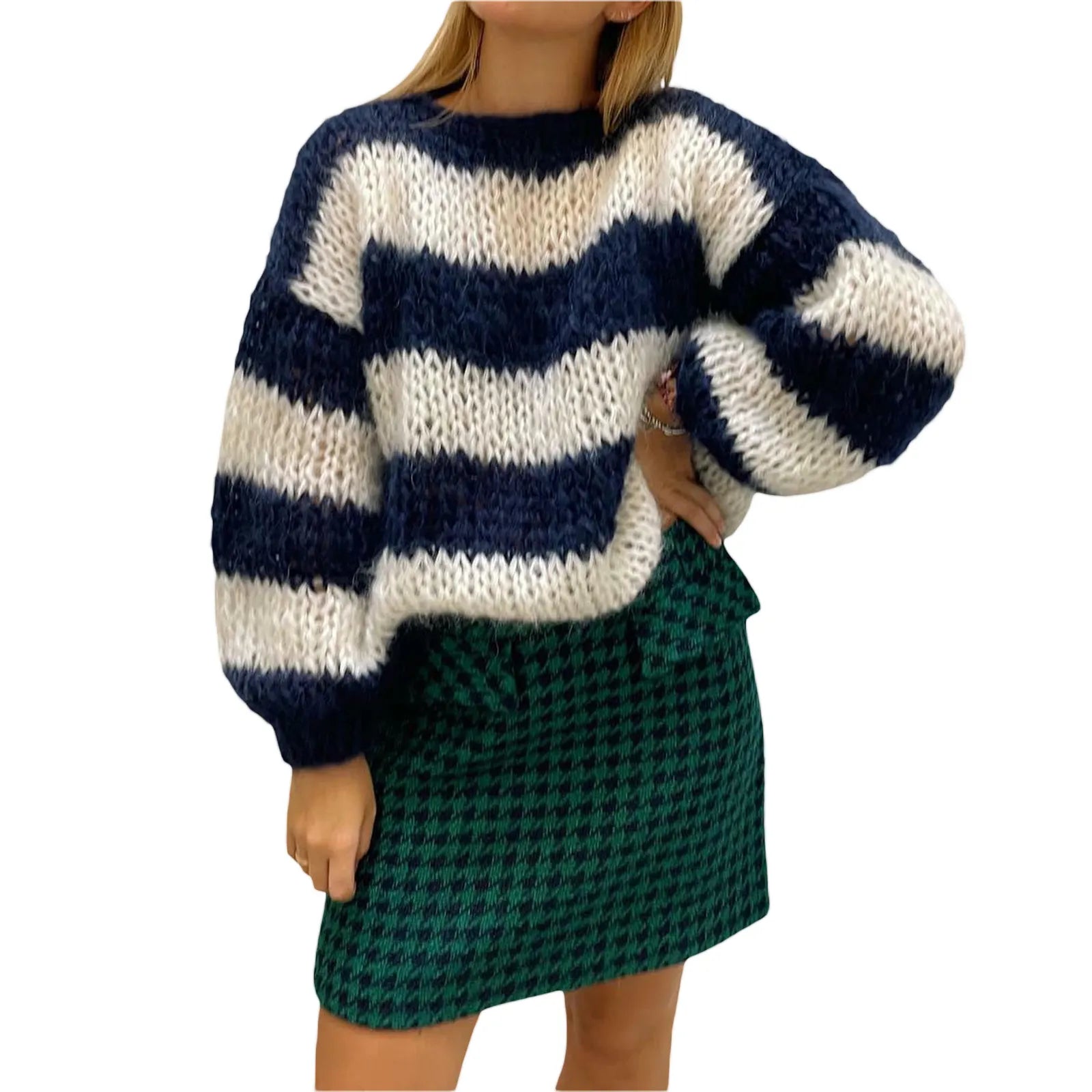 Women's Large Cable Knit Sweater with Stripes - OutfitLondon