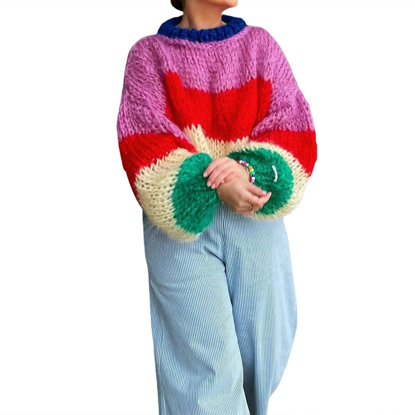 Women's Large Cable Knit Sweater with Stripes