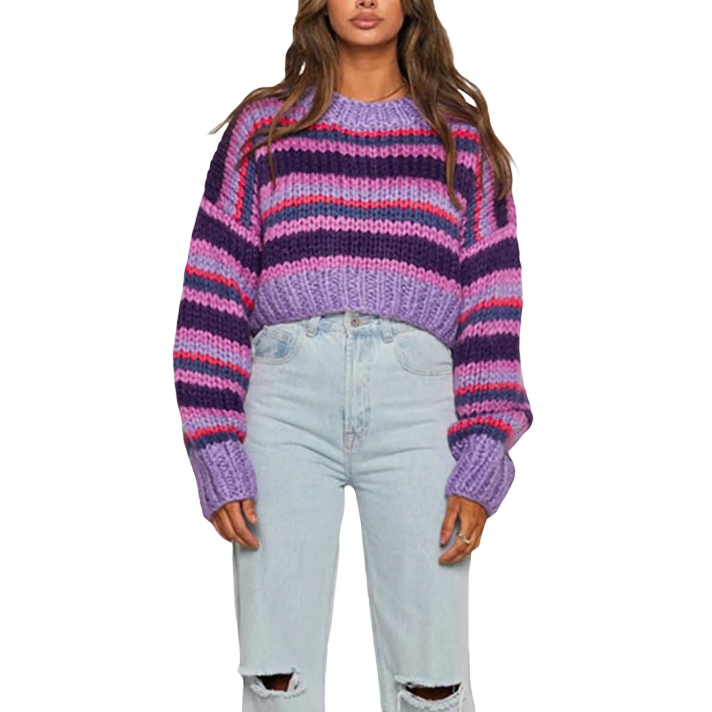 Women's Large Cable Knit Sweater with Stripes