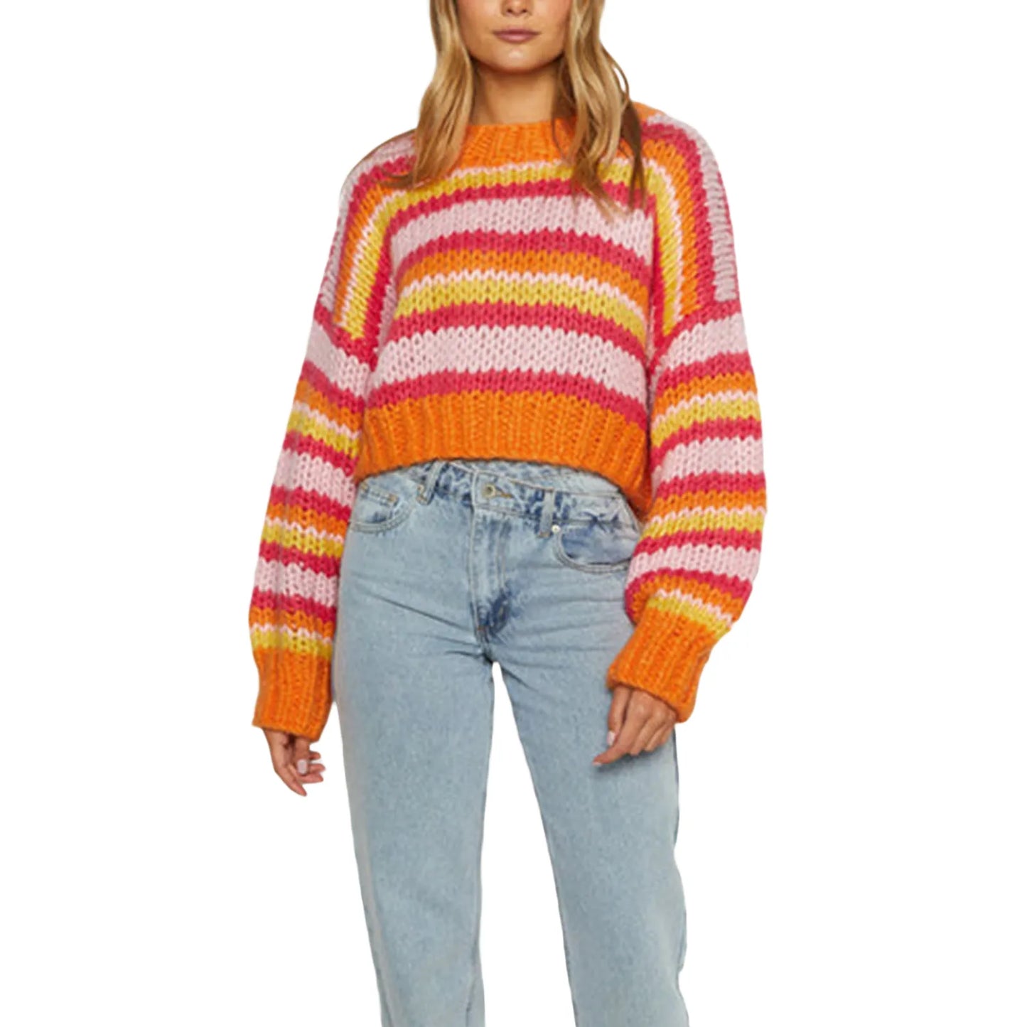 Women's Large Cable Knit Sweater with Stripes