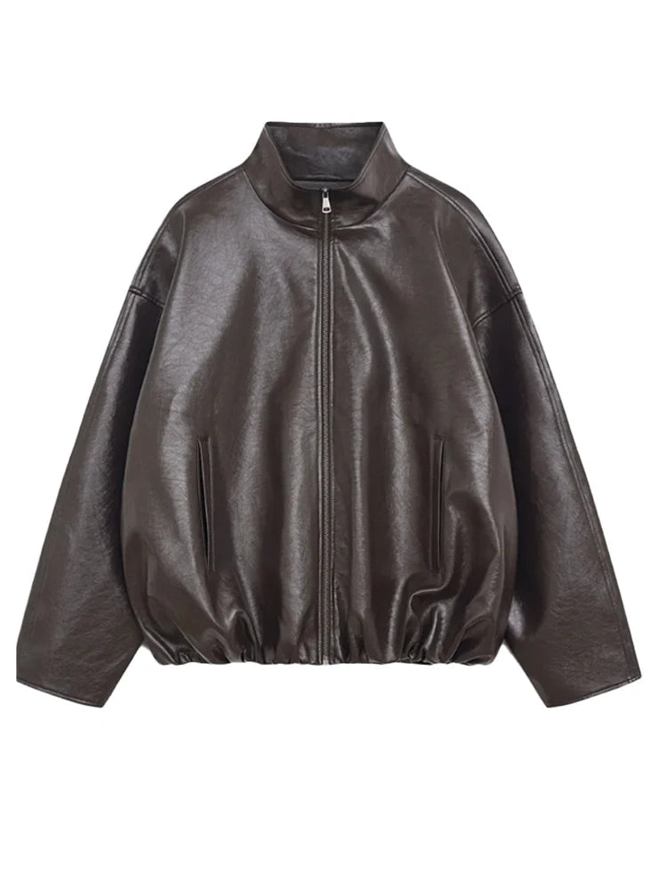 Classic Faux Leather Zipper Jacket High Neck Bomber