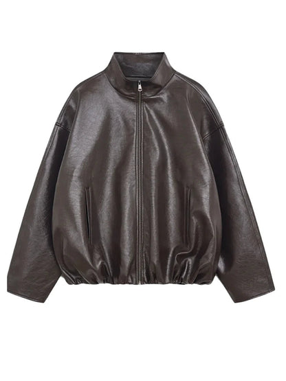 Classic Faux Leather Zipper Jacket High Neck Bomber