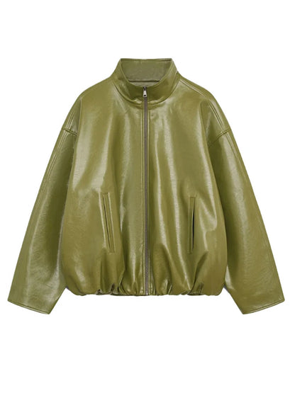 Classic Faux Leather Zipper Jacket High Neck Bomber - OutfitLondon