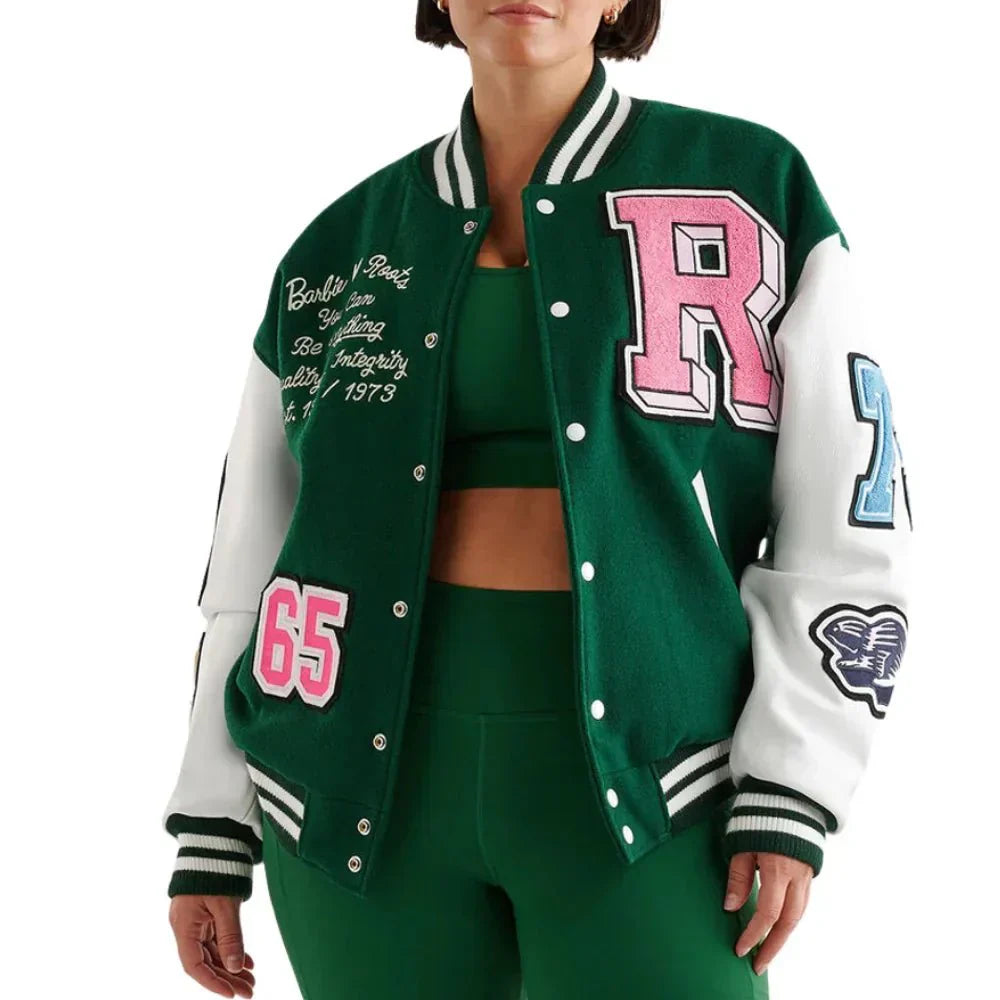 Women's Wool Blend Varsity Jacket Green White - OutfitLondon