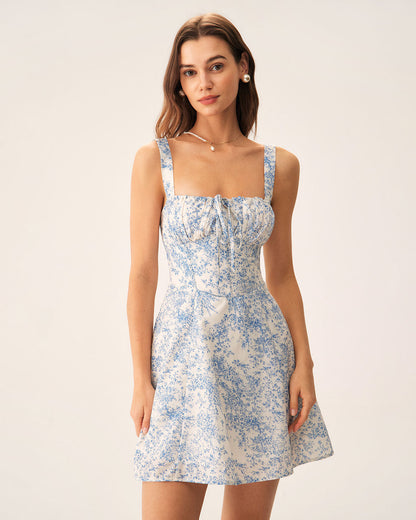 Elegant Blue Floral Summer Dress - OutfitLondon