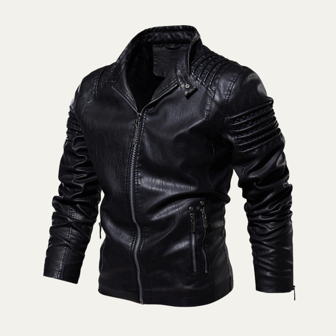 Men's Padded Leather Biker Jacket with Zip Collar