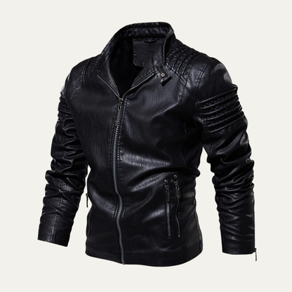 Men's Padded Leather Biker Jacket with Zip Collar
