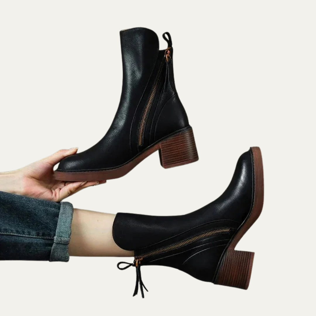 Ladies Comfortable Block Heel Leather Boots - OutfitLondon