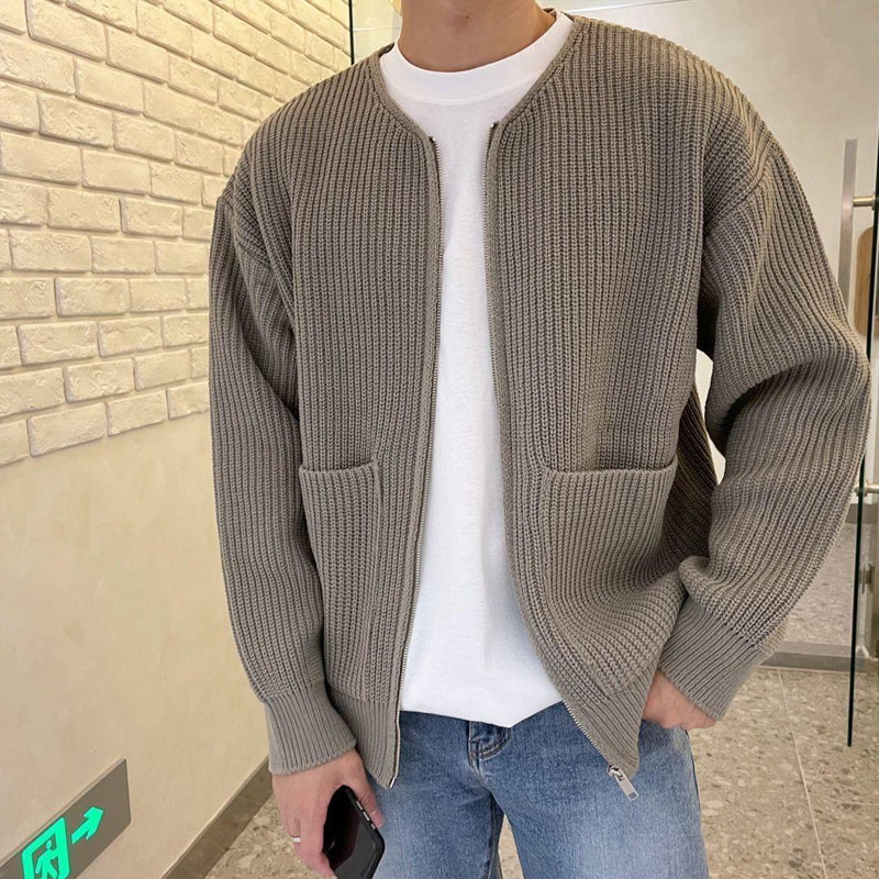 Simple Textured Knit Zip Up Cardigan Sweater