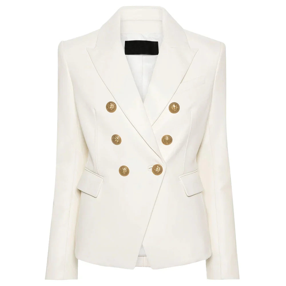 Women's Leather Double Breasted Blazer Gold Buttons - OutfitLondon