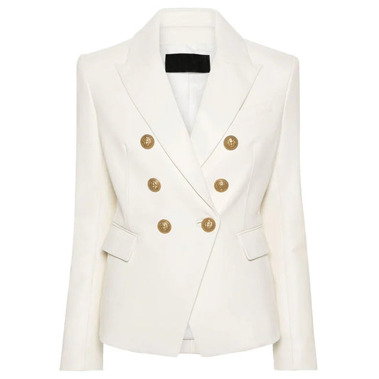 Women's Leather Double Breasted Blazer Gold Buttons - OutfitLondon