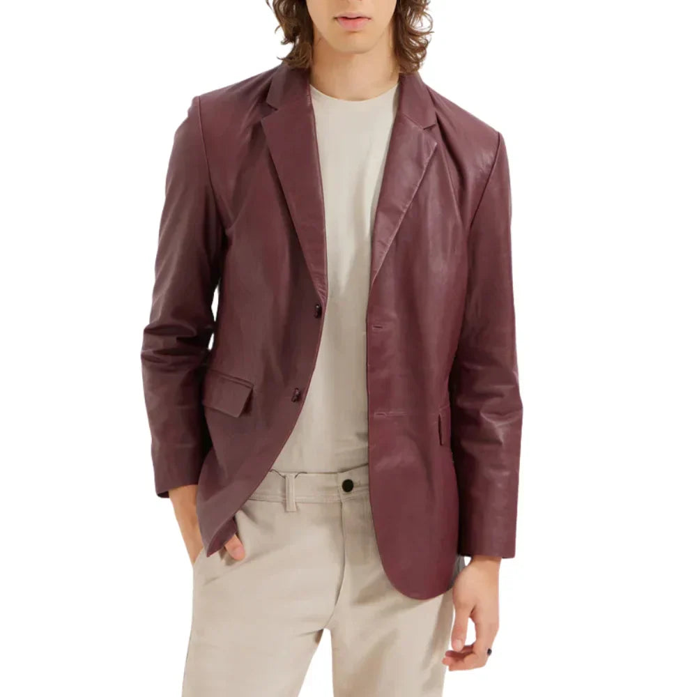 Men's Real Leather Blazer Jacket Wine Red Slim Fit - OutfitLondon