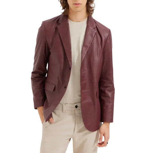 Men's Real Leather Blazer Jacket Wine Red Slim Fit - OutfitLondon