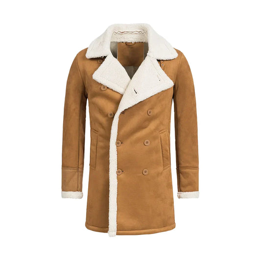 Men's Double Breasted Camel Brown Winter Coat Sherpa Lined - OutfitLondon