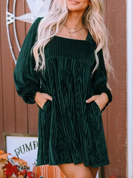 Elegant Long Sleeve A-Line Dress with Square Neckline - OutfitLondon