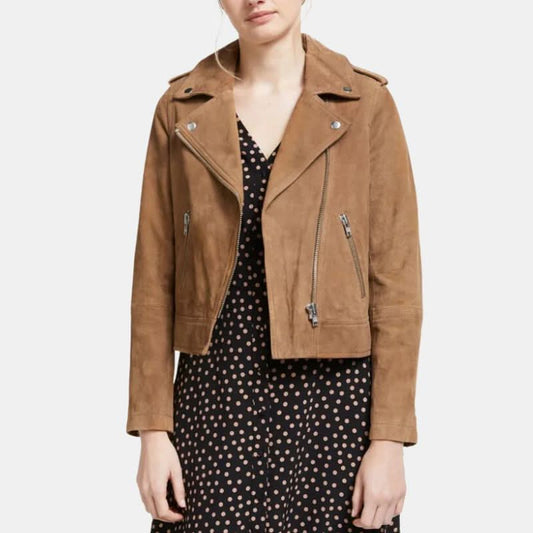 Women's Suede Moto Jacket Brown - OutfitLondon