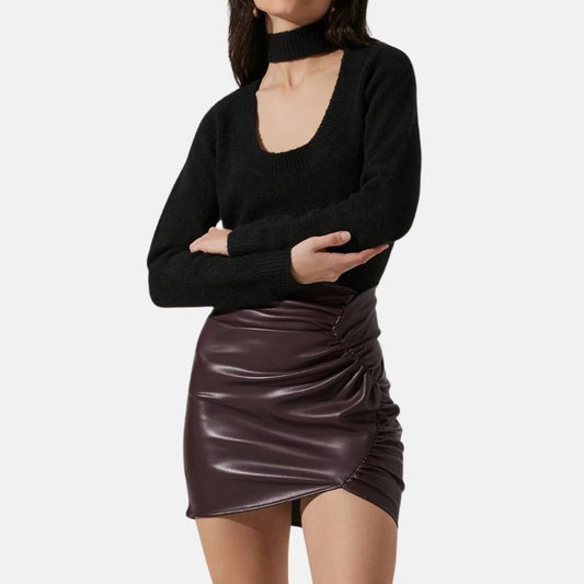Women's Leather Mini Skirt Chocolate Brown - OutfitLondon