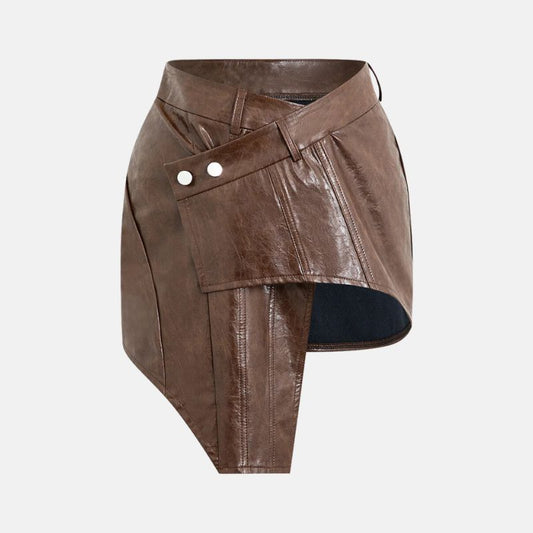 Women's Asymmetrical Leather Skirt Brown - OutfitLondon
