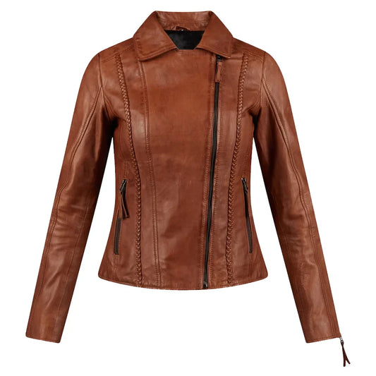 Women's Asymmetrical Leather Motorcycle Jacket Cognac - OutfitLondon