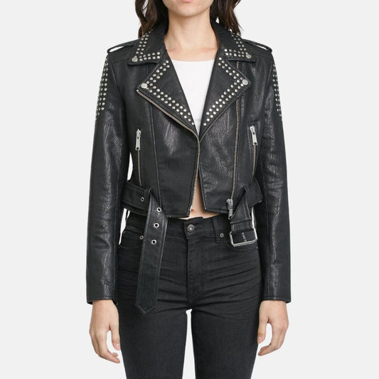 Women's Studded Leather Jacket Black Punk Style - OutfitLondon