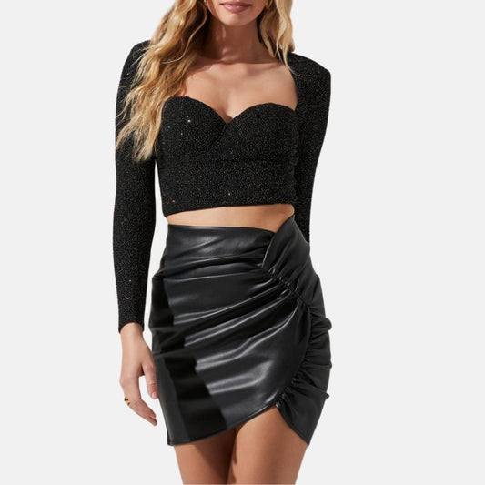 Women's Leather Mini Skirt Black Lapel Style - OutfitLondon