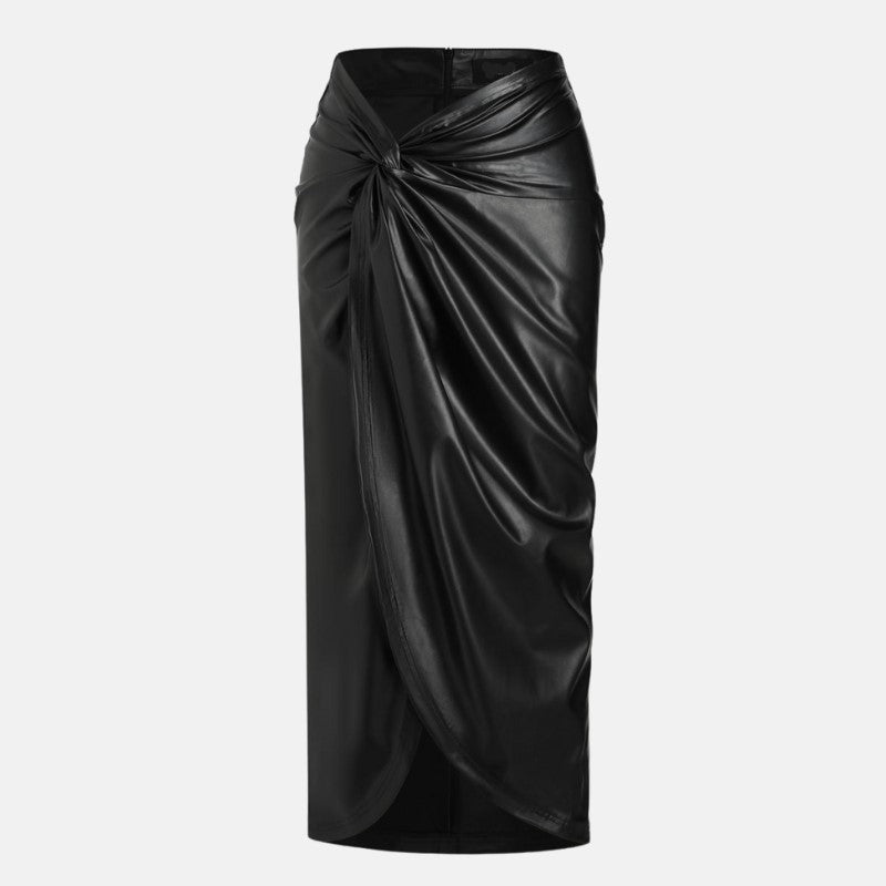 Women's Long Leather Skirt Twisted Black - OutfitLondon