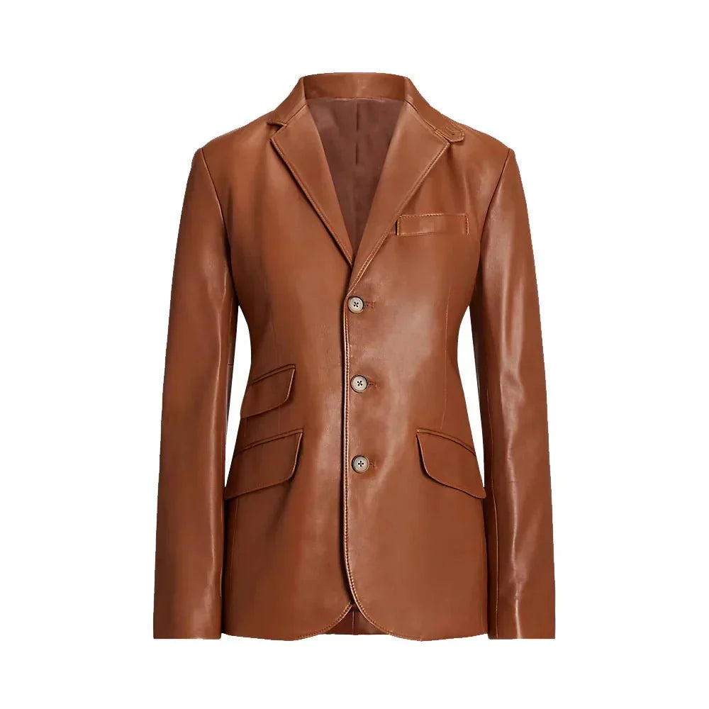 Women's Brown Leather Blazer Lambskin - OutfitLondon
