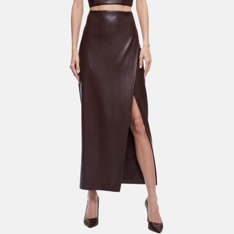 Women's Leather Asymmetrical Midi Skirt Dark Brown - OutfitLondon